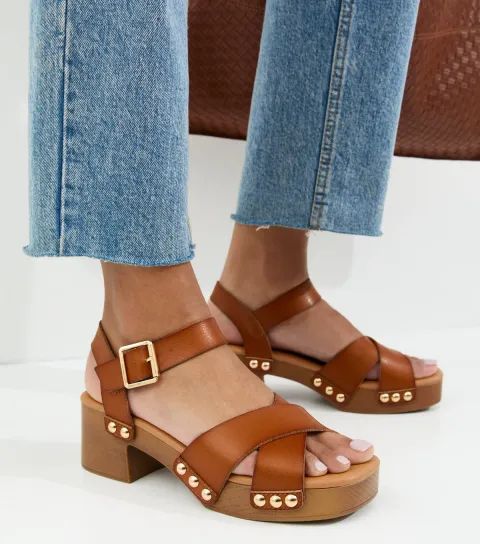 Tan Faux Leather Clog Block Heel Sandals Vegan
