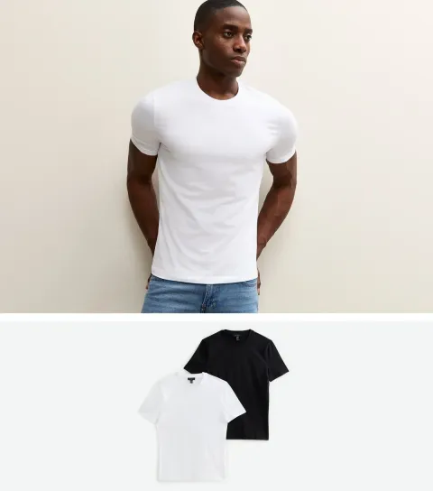 Pack of 2 White and Black Muscle Fit Crew Neck T-Shirts