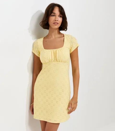 Light Yellow Broderie Anglaise Ruched Bodice Mini Dress