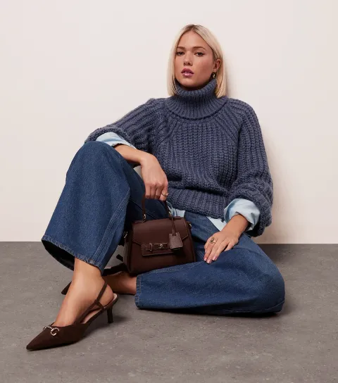 Blue Chunky Knit Roll Neck Jumper
