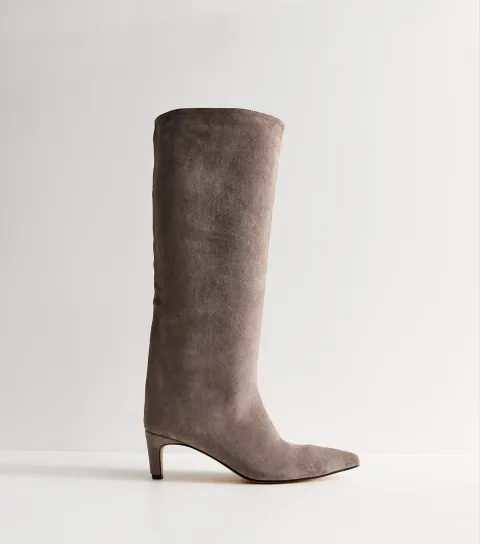 Grey Faux Suede Kitten Heel Knee High Boots Vegan