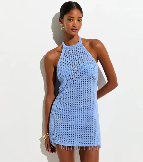 Light Blue Cotton Rich Beaded Tassel Trim Mini Crochet Beach Dress