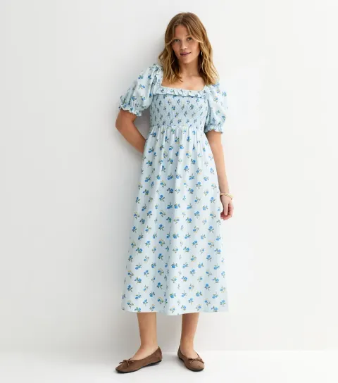Blue Floral Print Shirred Frill Trim Midi Dress