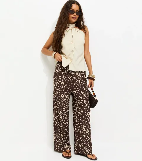 Petite Brown Animal Print Crinkle Wide Leg Trousers