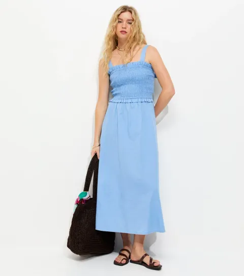 Light Blue Cotton Shirred Bow Strap Midi Dress