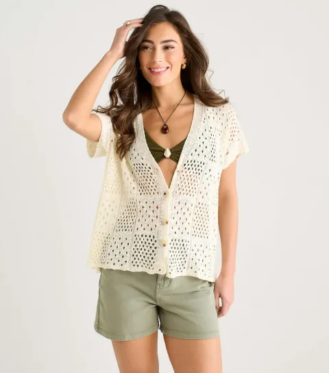 Cream Crochet Button Front Cardigan