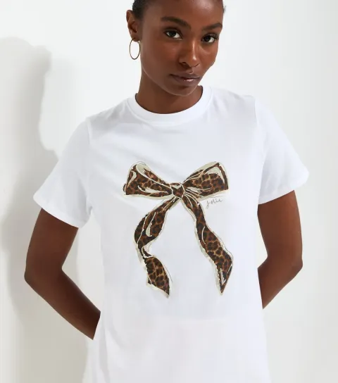 White Cotton Leopard Print Bow Relaxed T-Shirt