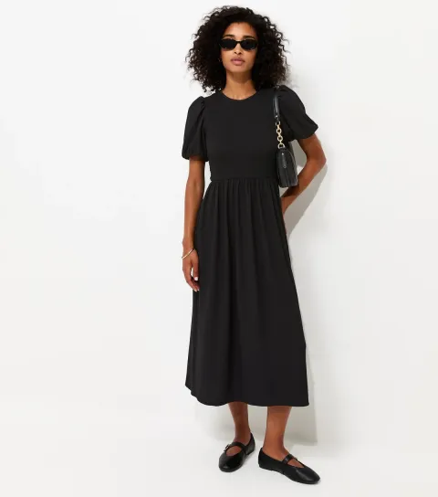 Black Shirred Bodice Textured Midi Dress