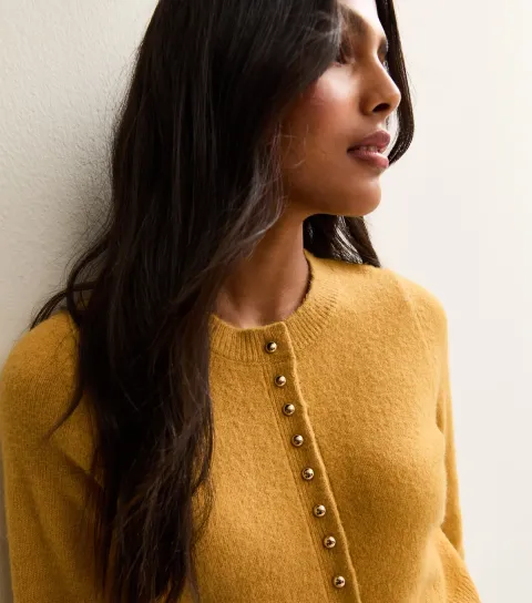 Yellow Crew Neck Long Sleeve Studded Cardigan