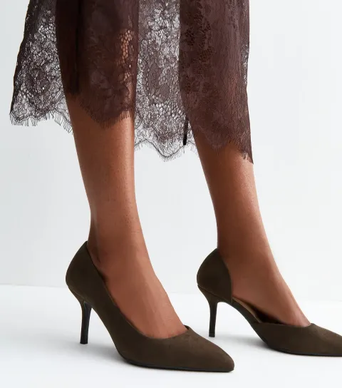 Wide Fit Dark Brown Faux Suede D'Orsay Court Shoes Vegan