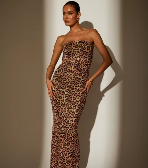 Brown Leopard Print Strapless Mesh Maxi Dress