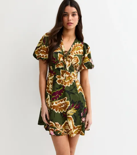 Green Floral Tie Front Mini Dress
