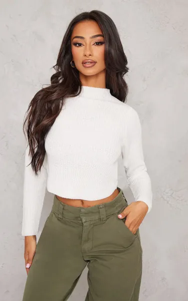 Petite White High Neck Cropped Jumper