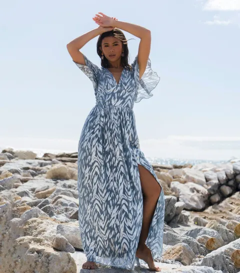 Blue Metallic Print Maxi Dress