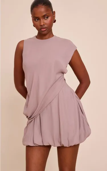 Taupe Chiffon Frill Hem Shift Mini Dress
