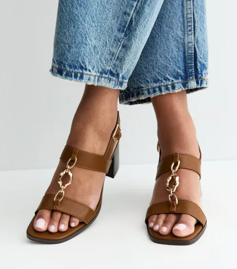 Tan Faux Leather Chain Strap Block Heel Sandals Vegan