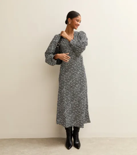 Black Spot Pattern V-Neck Midi Dress