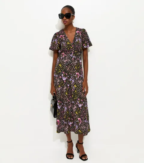 Black Floral Print Tiered Midi Dress
