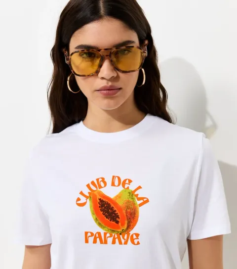 White Cotton Papaya Print Relaxed Fit T-Shirt