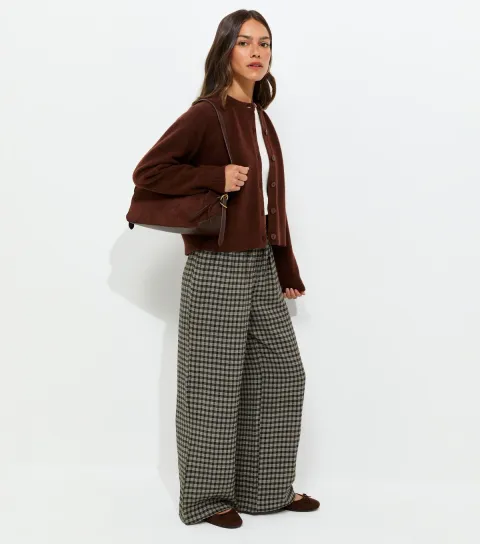 Petite Blue Check Pattern Wide Leg Trousers