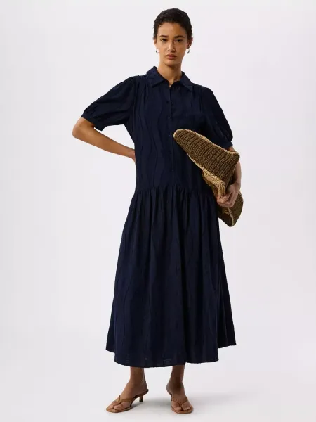 Whistles Textured Drop Waist Midi Shirt Dress containing LENZING™ ECOVERO™ Viscose