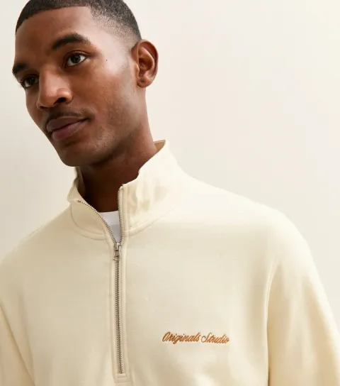 Cream Embroidered Logo Half Zip Sweatshirt