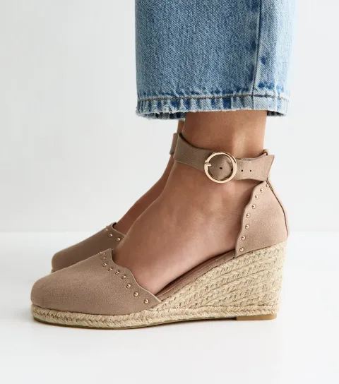 Wide Fit Light Brown Faux Suede Studded Scallop Trim Espadrille Wedges Vegan