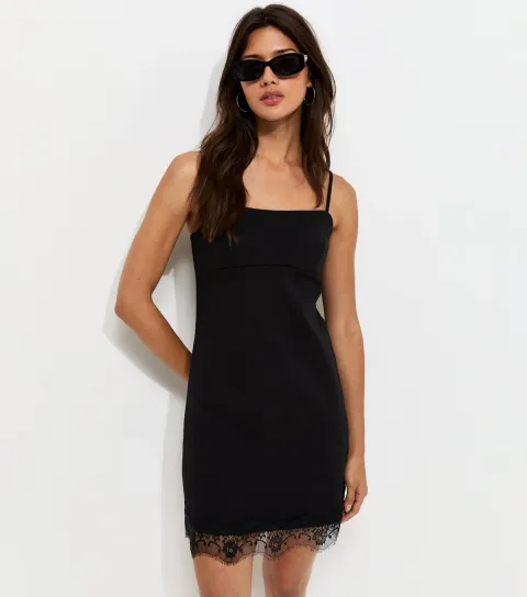 Black Lace Hem Strappy Mini Dress