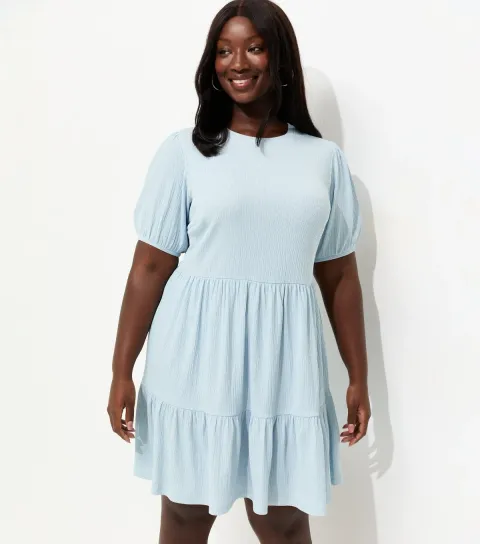 Plus Size Blue Crinkle Texture Tiered Smock Mini Dress Curves