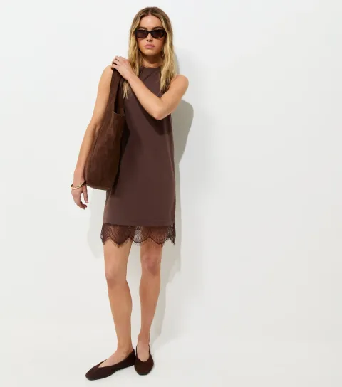 Dark Brown Cotton Sleeveless Lace Hem Mini T-Shirt Dress