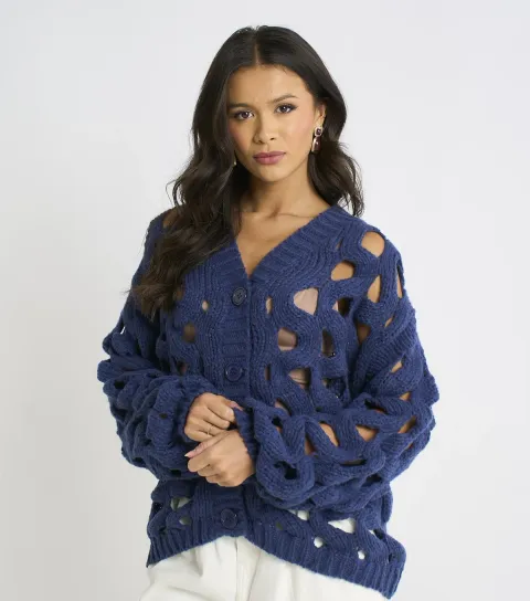 Navy Hollow Chunky Knit Cardigan