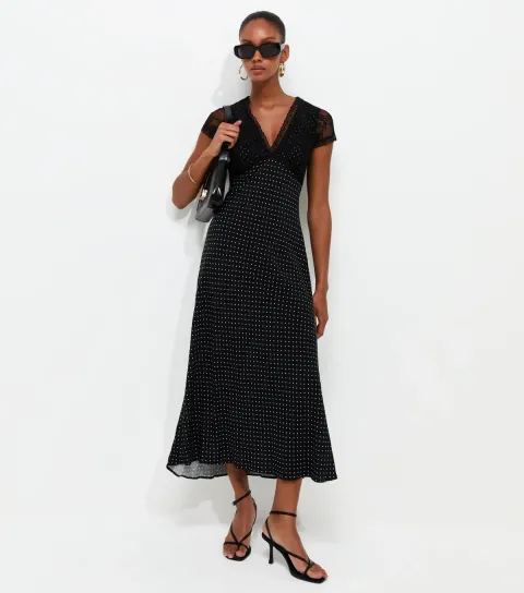 Tall Black Spot Print Lace Bust Midi Dress