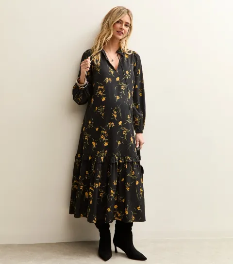 Maternity Black Botanical Crepe Smock Midi Dress