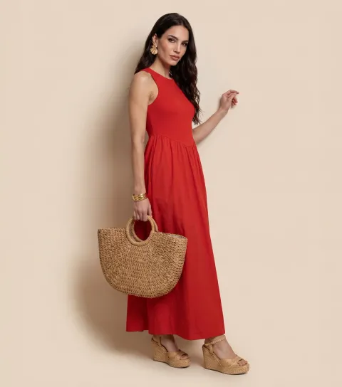 Bright Red Ribbed Poplin Midi Dress