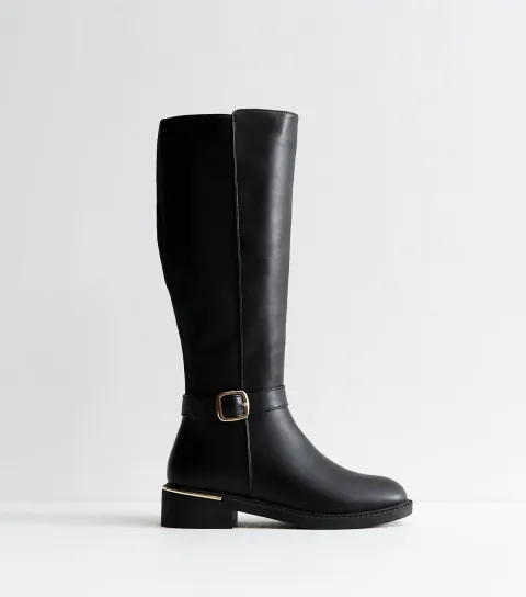 Black Faux Leather Riding Knee High Boots Vegan