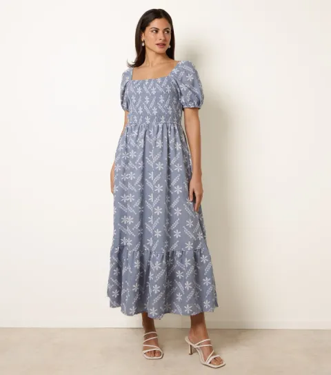 Blue Floral Embroidered Puff Sleeve Midi Dress