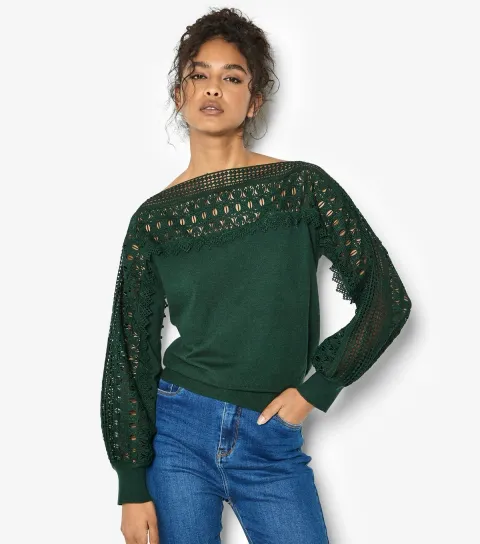 Dark Green Lace Detail and Sleeve Detail Jumper