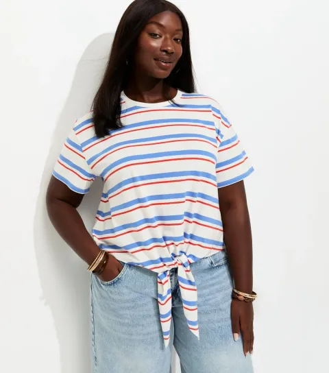 Plus Size White Cotton Striped Tie Front T-Shirt Curves