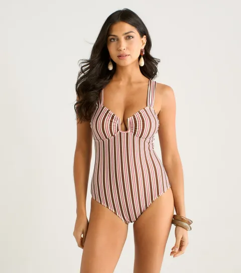 Brown Striped U-Ring Swimsuit