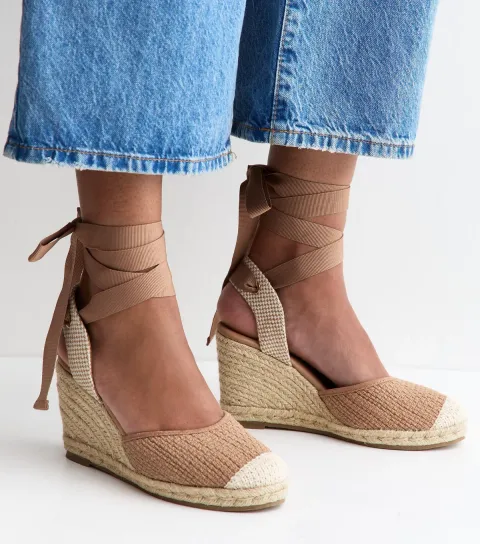 Light Pink Woven Ankle Tie Wedge Espadrilles Vegan