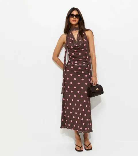 Brown Polka Dot Cowl Neck Scarf Trim Midi Dress
