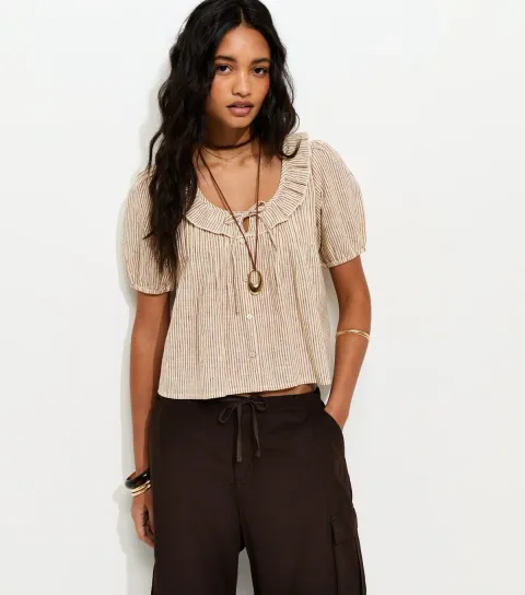 Brown Striped Frill Neckline Blouse
