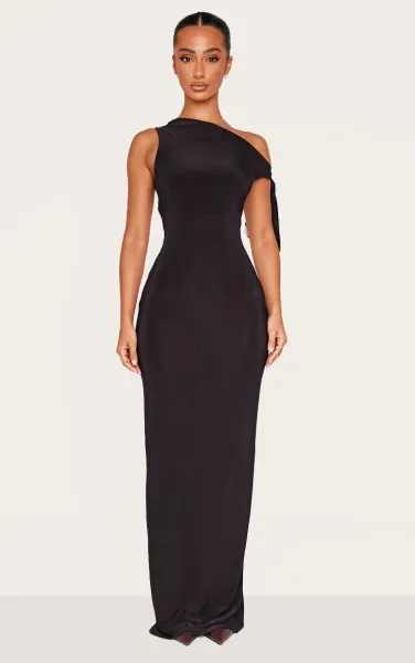 Petite Black Slinky Knot Detail Maxi Dress