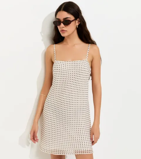 Cream Chiffon Polka Dot Strappy Mini Dress