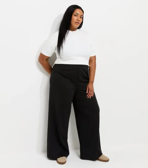 Plus Size Black Jersey Wide Leg Trousers Curves