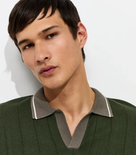 Dark Khaki Cotton Rich Regular Fit Contrast Trim Ribbed Polo Top