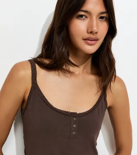 Dark Brown Cotton Rich Lace Trim Henley Cami Top