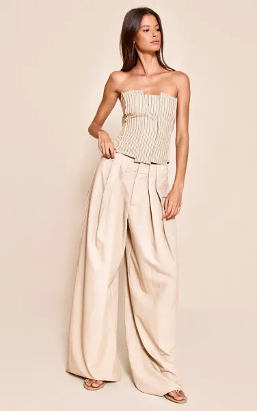 Mushroom Pleated Woven Wide Leg Trousers