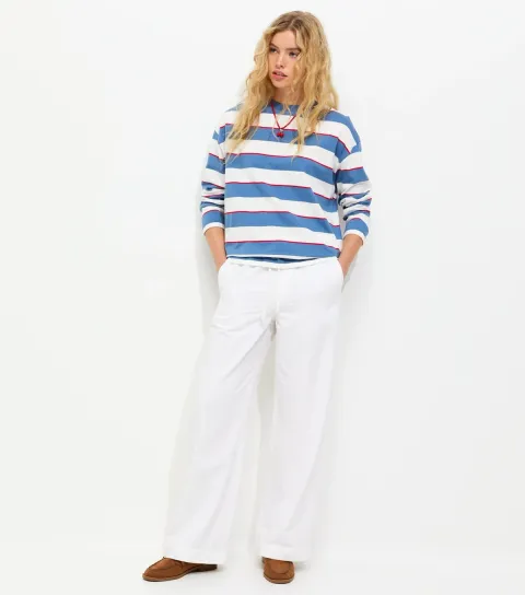 White Cotton Twill Drawstring Wide Leg Trousers