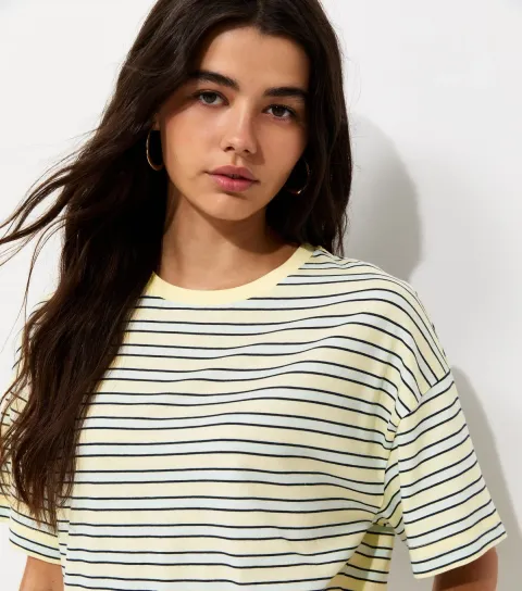 Yellow Cotton Striped Boxy Crew Neck T-Shirt
